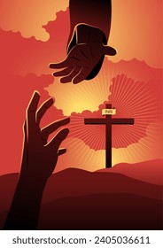 An illustration of God’s hand reaching out for human hand with cross on hill as the background. Hope, help, God mercy concept