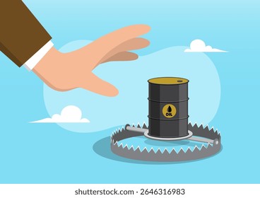 Ilustração de uma mão alcançando um barril de petróleo colocado dentro de uma armadilha de metal. A imagem simboliza os perigos, riscos ou consequências da dependência do petróleo