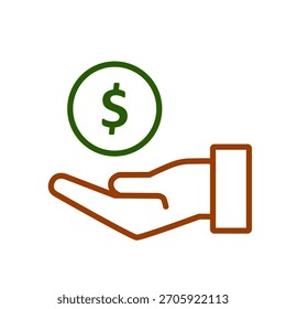 Ilustración de una mano que recibe billetes de dólar, salario, icono de dólar, icono de dinero