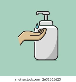 Illustration of a hand receiving liquid from a pump soap or sanitizer bottle. Ideal for health and hygiene visuals, safety instructions, or wellness campaigns.