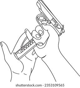 Ilustración del Pistol de recarga manual para dibujo de alta calidad, Pistol de recarga manual en gráfico detallado de material vectorial de una línea, Ilustración de caricaturas de una línea para relleno de bala