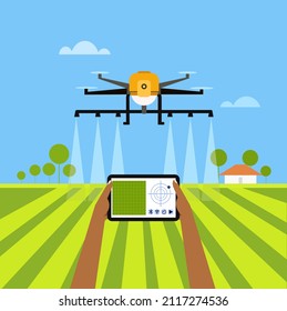 Illustration of a hand remotely controlling a drone spraying fertiliser in the agricultural field