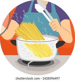 Illustration of a Hand Removing Cover to Check Boiling Water for Pasta. Kitchen Verb Boil