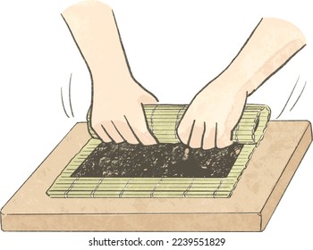 Illustration of a hand rolling sushi rolls