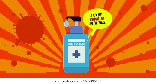 Illustration of hand sanitizer advertisement banner for protecting corona virus, cover-19. 
