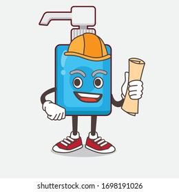An illustration of Hand Sanitizer architect cartoon mascot character having blueprints and yellow helmet