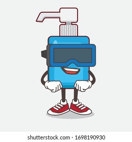 An illustration of Hand Sanitizer cartoon mascot character with Virtual reality headset
