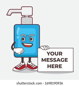 An illustration of Hand Sanitizer cartoon mascot character holding a board sign message