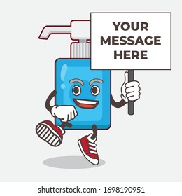 An illustration of Hand Sanitizer cartoon mascot character with board sign message