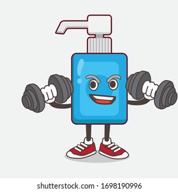 An illustration of Hand Sanitizer cartoon mascot character on fitness exercise trying barbells