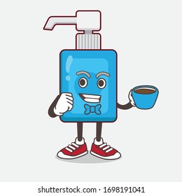 An illustration of Hand Sanitizer cartoon mascot character with a cup of coffee