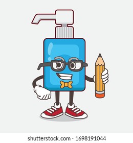 An illustration of Hand Sanitizer cartoon mascot character holding pencil