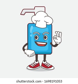 An illustration of Hand Sanitizer cartoon mascot character in a chef dress and white hat