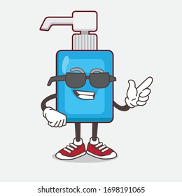 An illustration of Hand Sanitizer cartoon mascot character wearing black glasses