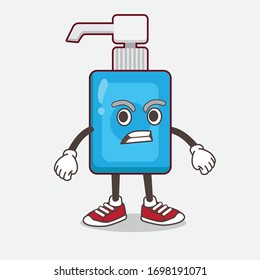 An illustration of Hand Sanitizer cartoon mascot character in a confused gesture