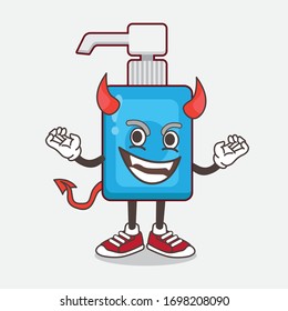 An illustration of Hand Sanitizer cartoon mascot character as red devil with horns and tail