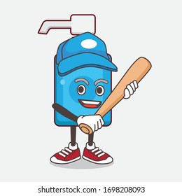 An illustration of Hand Sanitizer cartoon mascot character playing baseball