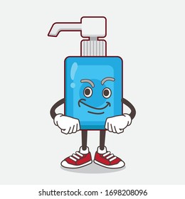An illustration of Hand Sanitizer cartoon mascot character with smirking face
