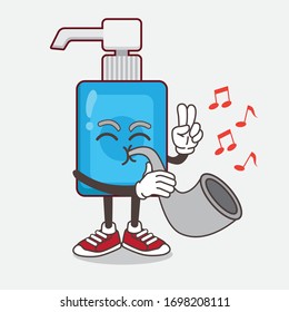 An illustration of Hand Sanitizer cartoon mascot character playing music with trumpet