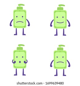 illustration of a hand sanitizer character collection. the expression of a hand sanitizer who is smiling, sad, angry, and shocked. flat design. Can be used for elements, landing pages, UI.