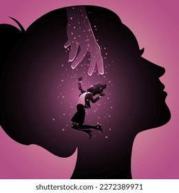 An illustration of a Hand saving Drowning Woman inside the head silhouette