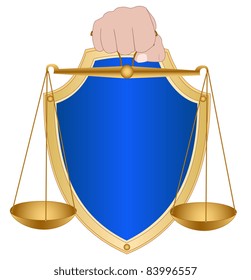 Illustration of a hand with scales against a shield