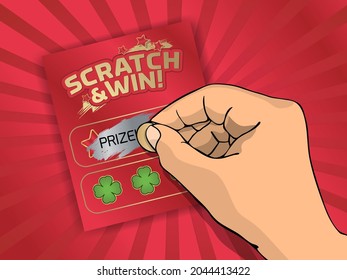 Illustration of hand scratching a playing card with coin. Scratch card game. Idea for game promotion. Layered vector illustration.