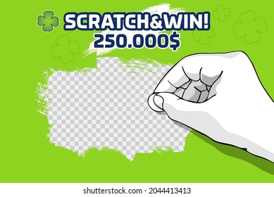 Illustration Of Hand Scratching With Scratch Game Coin. Scratch Card Game Promotion Idea. Layered Vector Illustration.