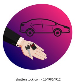 Illustration hand of the seller in a business suit give, hold out car keys after sale, transaction, conclusion of the contract. For banks, insurance companies, car dealerships