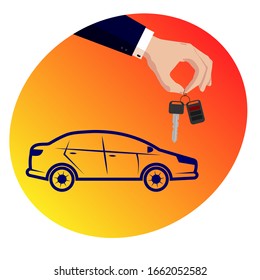 Illustration hand of the seller in a business suit give, hold out car keys after sale, transaction, conclusion of the contract. For banks, insurance companies, car dealerships