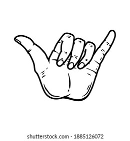 Illustration of hand with shaka sign. Design element for poster, card, banner, sign. Vector illustration