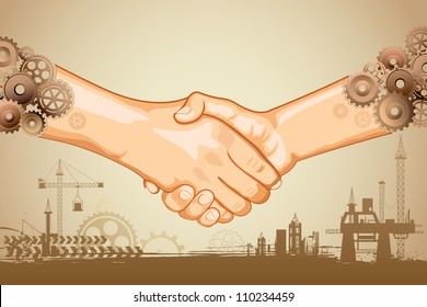 illustration of hand shake with cog wheel hand on industrial background