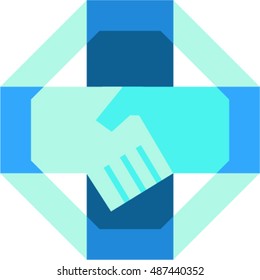 Illustration of hand shaking forming a cross viewed from the side set inside octagon shape done in retro style. 