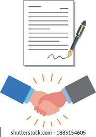 Illustration of a hand shaking hands with a contract and contract conclusion