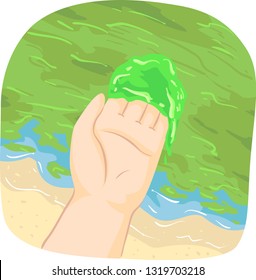 Illustration of a Hand Shoving Algae from Algae Bloom