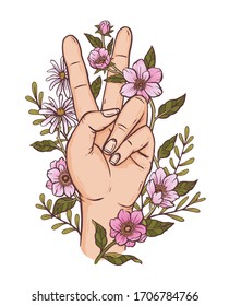 An illustration of a hand showing the peace sign surrounded by flowers. Vector illustration. 