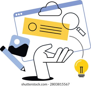 Illustration of a hand sketching web development elements including search, code, and a lightbulb idea symbol on transparent background. - Powered by Shutterstock - Get 15% off with code: PIKWIZARD15