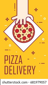 Illustration with hand and slice of pizza. Vector banner for fast food. Thin line flat design card. 