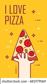 Illustration with hand and slice of pizza. Vector banner for fast food. Thin line flat design card. 