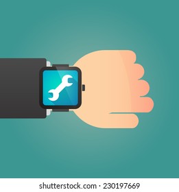 Illustration of a  hand with a smart watch displaying a monkey wrench