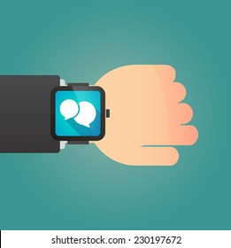 Illustration of a  hand with a smart watch displaying a comic balloon