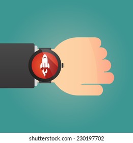 Illustration of a  hand with a smart watch displaying a rocket