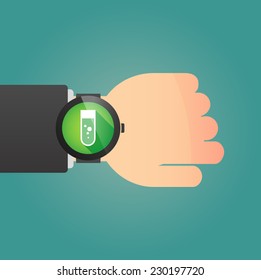 Illustration of a  hand with a smart watch displaying a chemical test tube