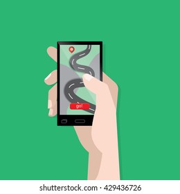 Illustration of a hand with a smartphone. navigation application, a white hand.