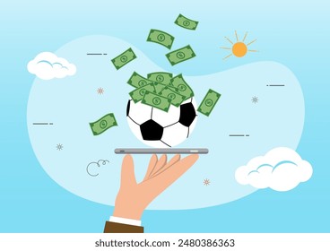 An illustration of A hand with a smartphone and a soccer ball full of money. Online sports betting or gambling