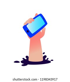 Illustration of a hand with a smartphone sticking out of a hole. Vector. Fail. Gadgets like a drug. Image is isolated on a white background. Company `s logo. Metaphor. The man asks for help.
