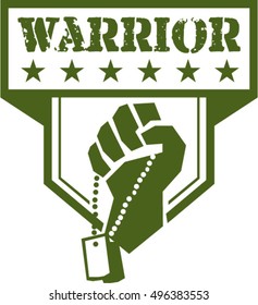 Illustration of a hand of a soldier clutching holding dogtag viewed from front set inside shield crest with stars and the word text Warrior done in retro style. 