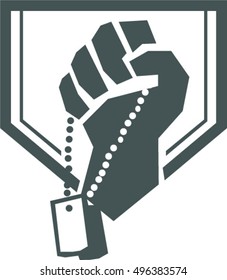 Illustration of a hand of a soldier clutching holding dogtag viewed from front set inside shield crest done in retro style. 