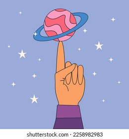 Illustration with hand and spinning planet. Groovy Psychedelic Y2K style. Abstract Aesthetic space background 80-90s. Vector illustration design for posters, t-shirt, social media, cards