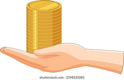 Illustration of a hand with stacked gold coins